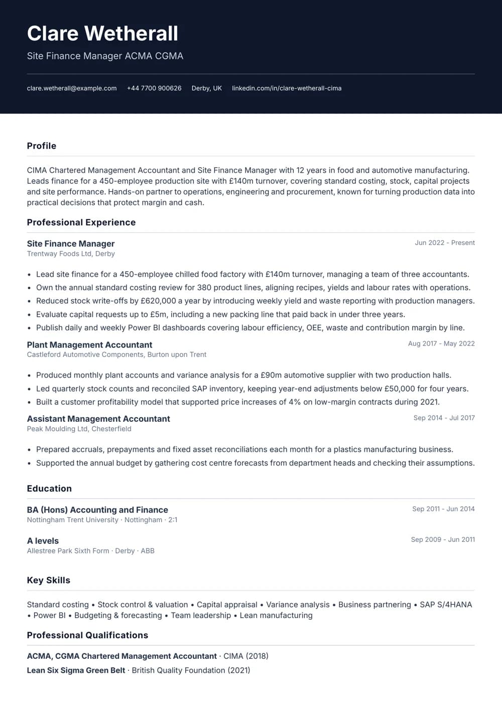 Site Finance Manager CV template
