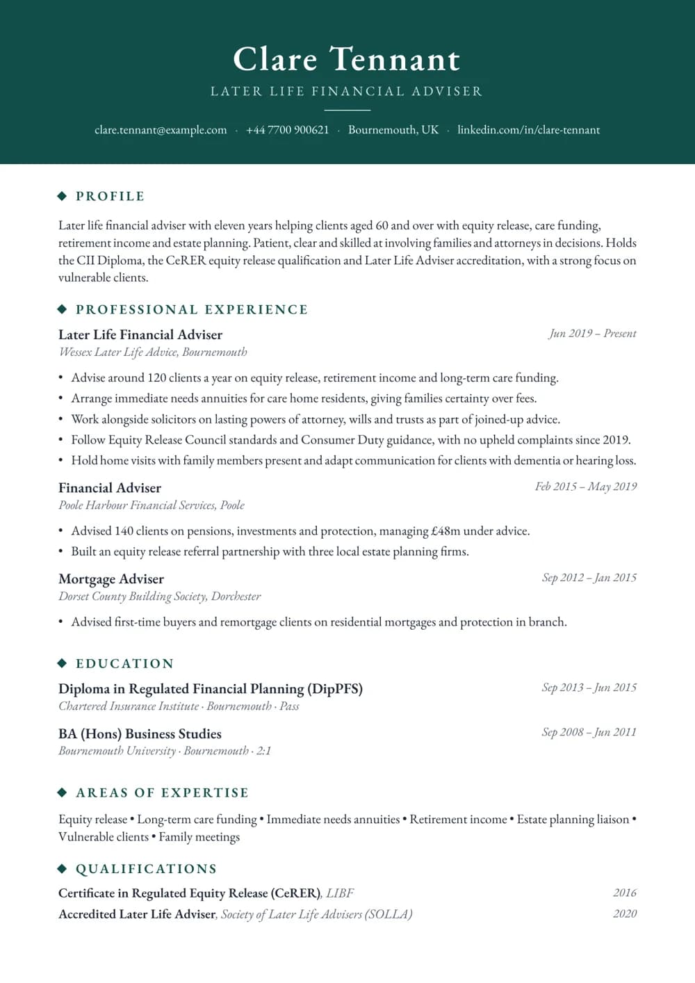 Later Life Adviser CV template