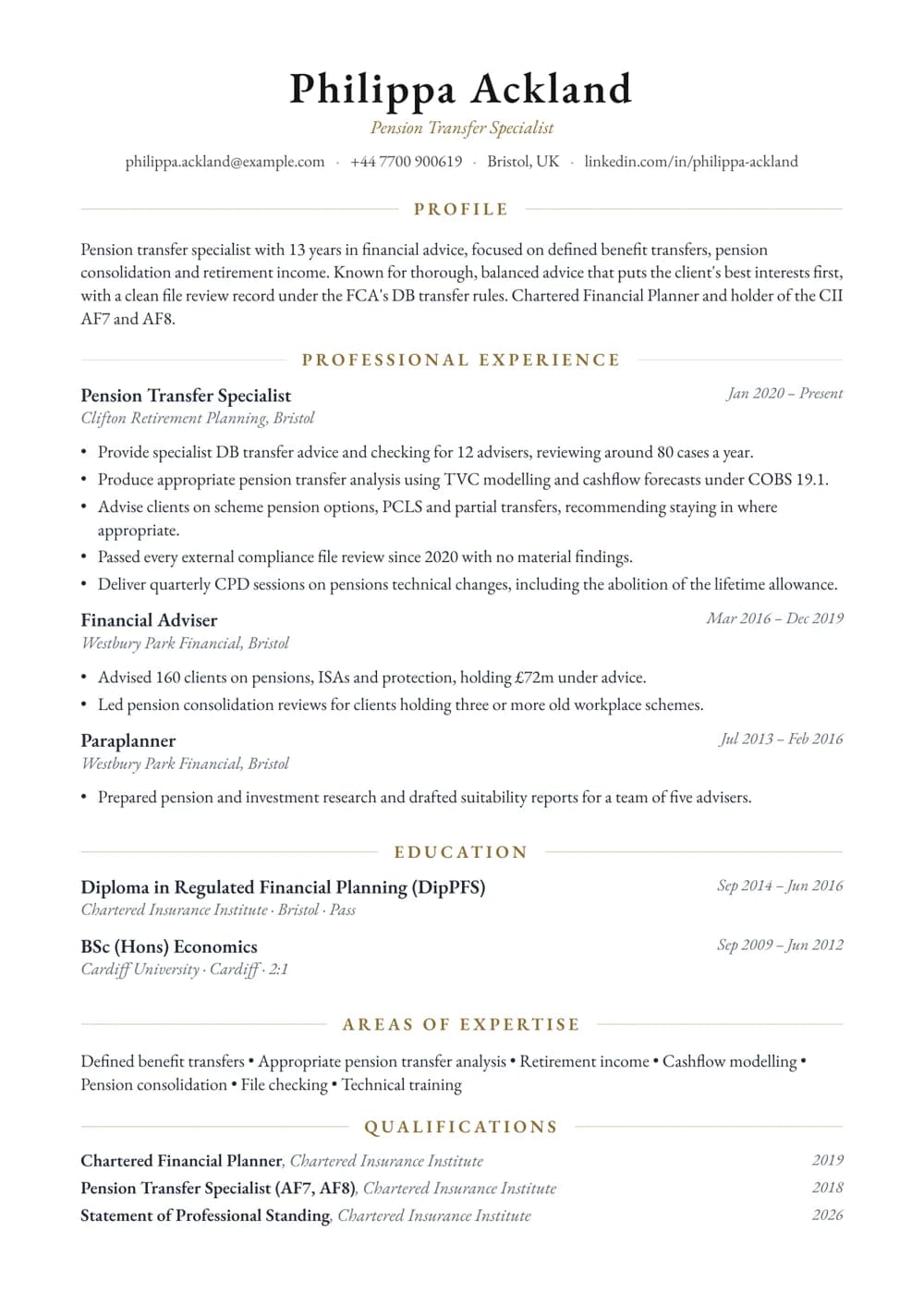 Pension Transfer Specialist CV template