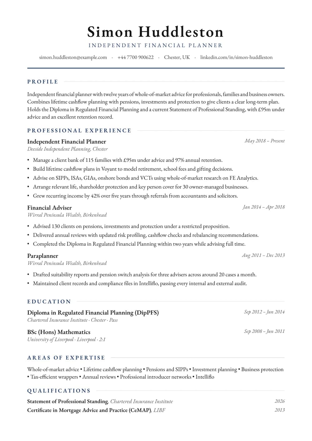 Independent Financial Planner CV template