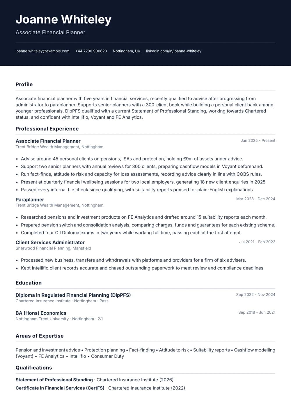 Associate Financial Planner CV template
