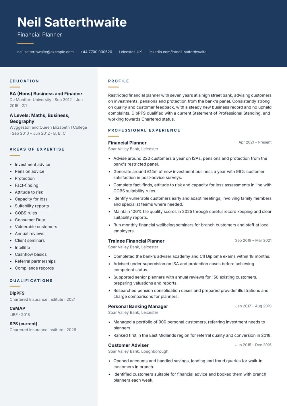 Bank Financial Planner CV template