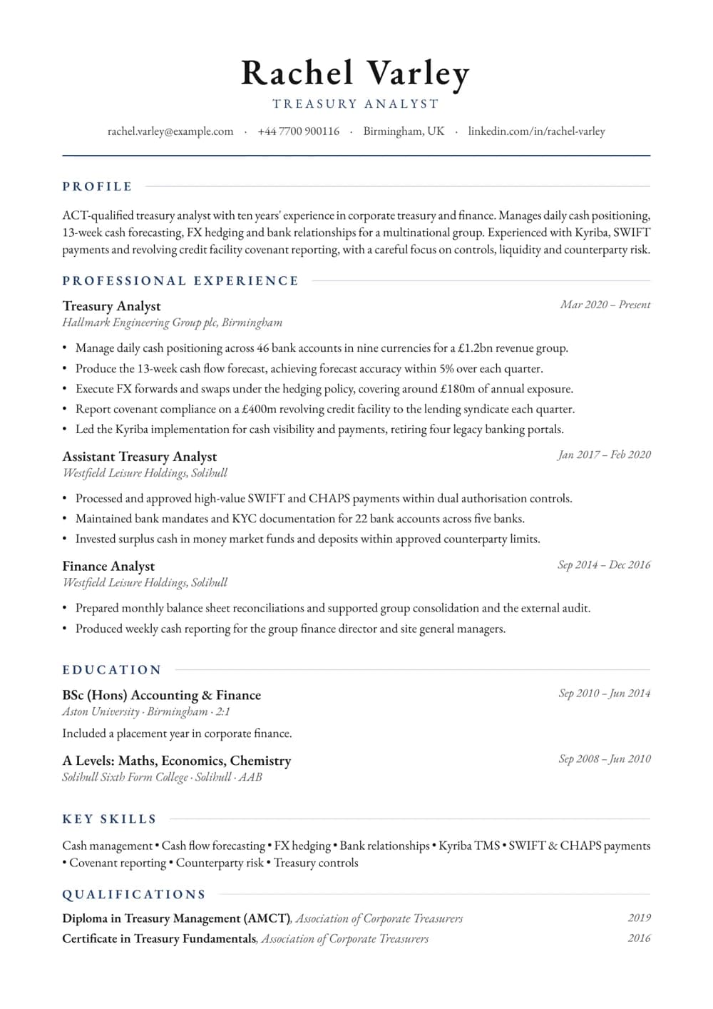 Treasury Analyst CV template