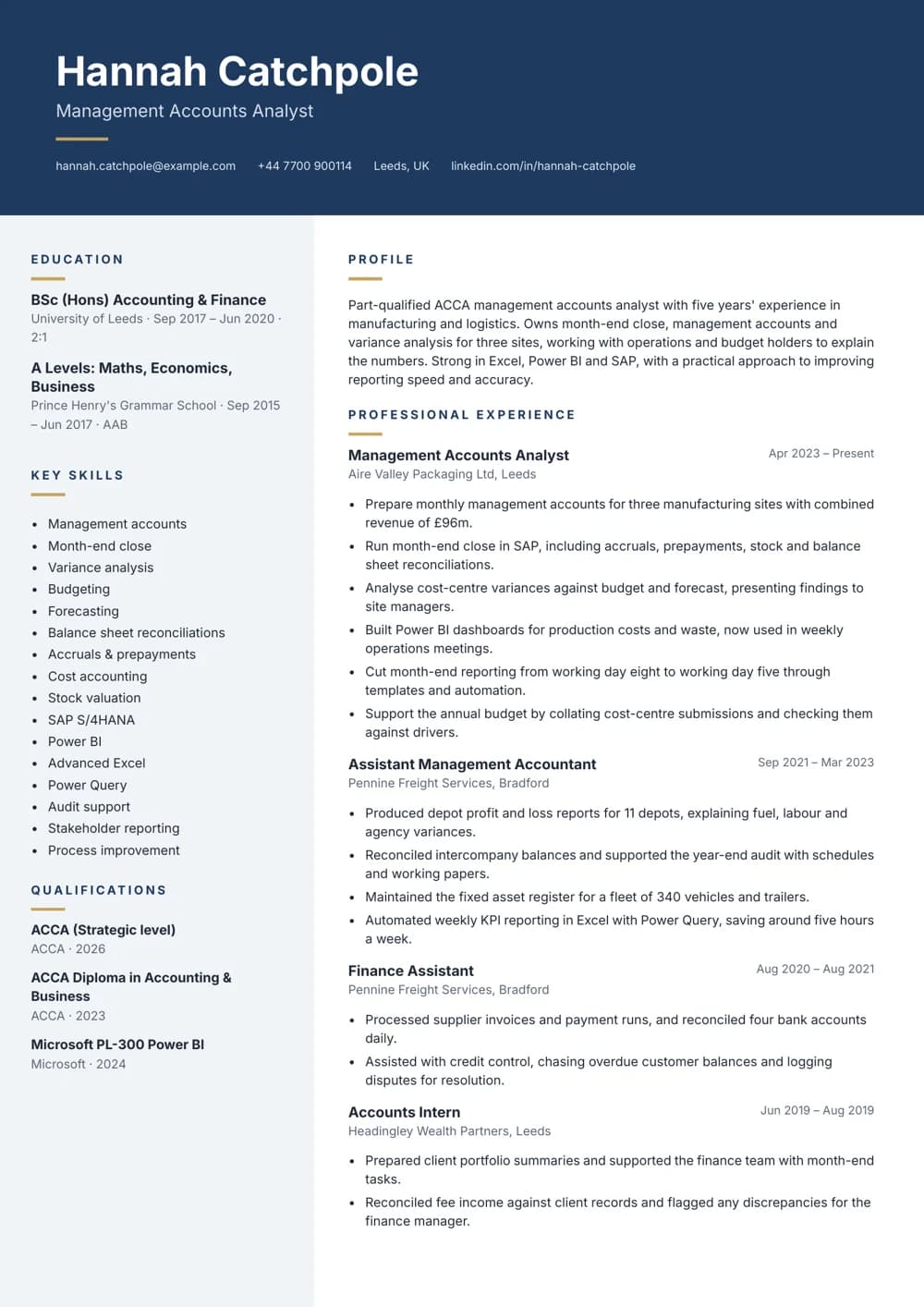 Management Accounts Analyst CV template