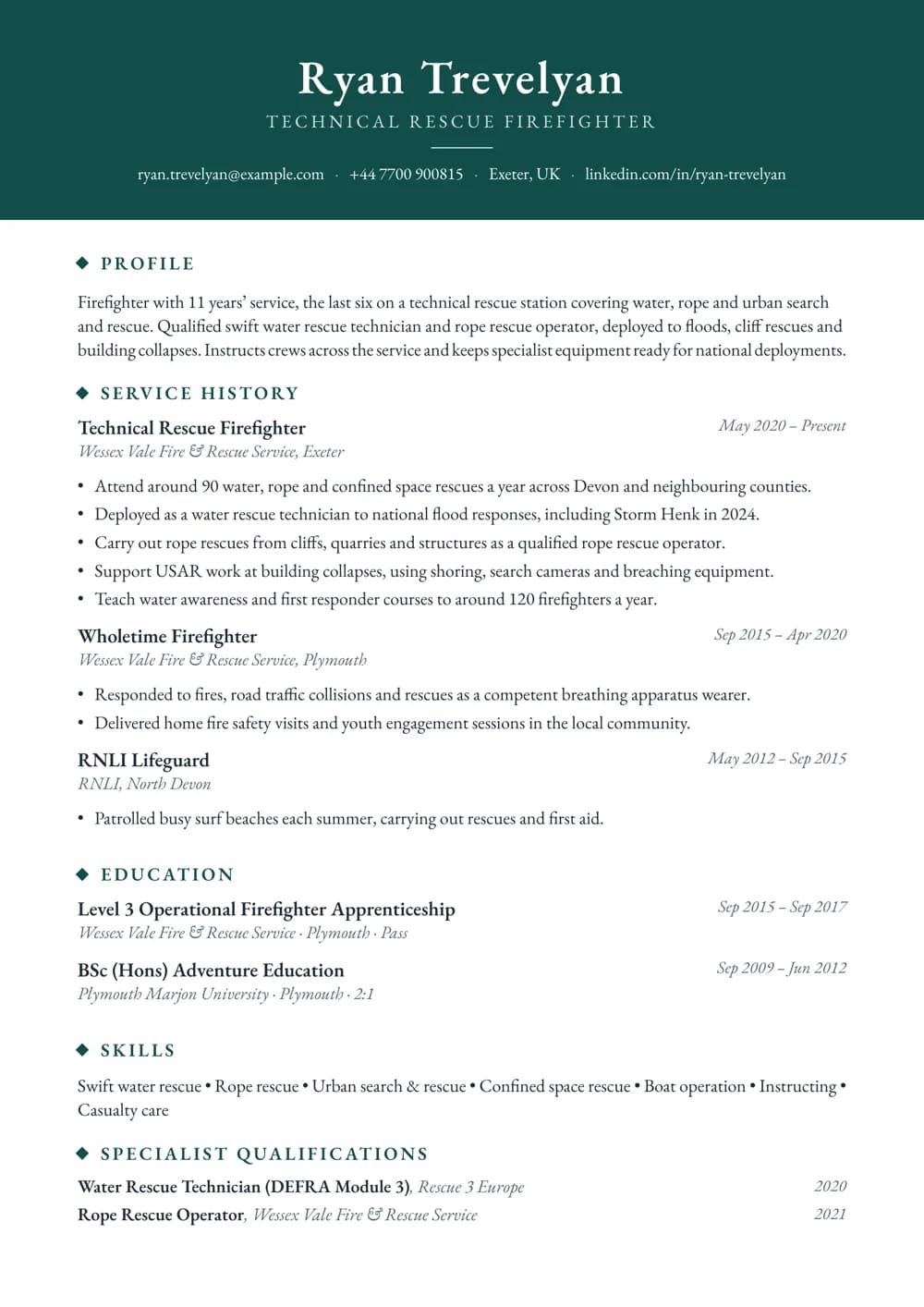 Technical Rescue Firefighter CV template