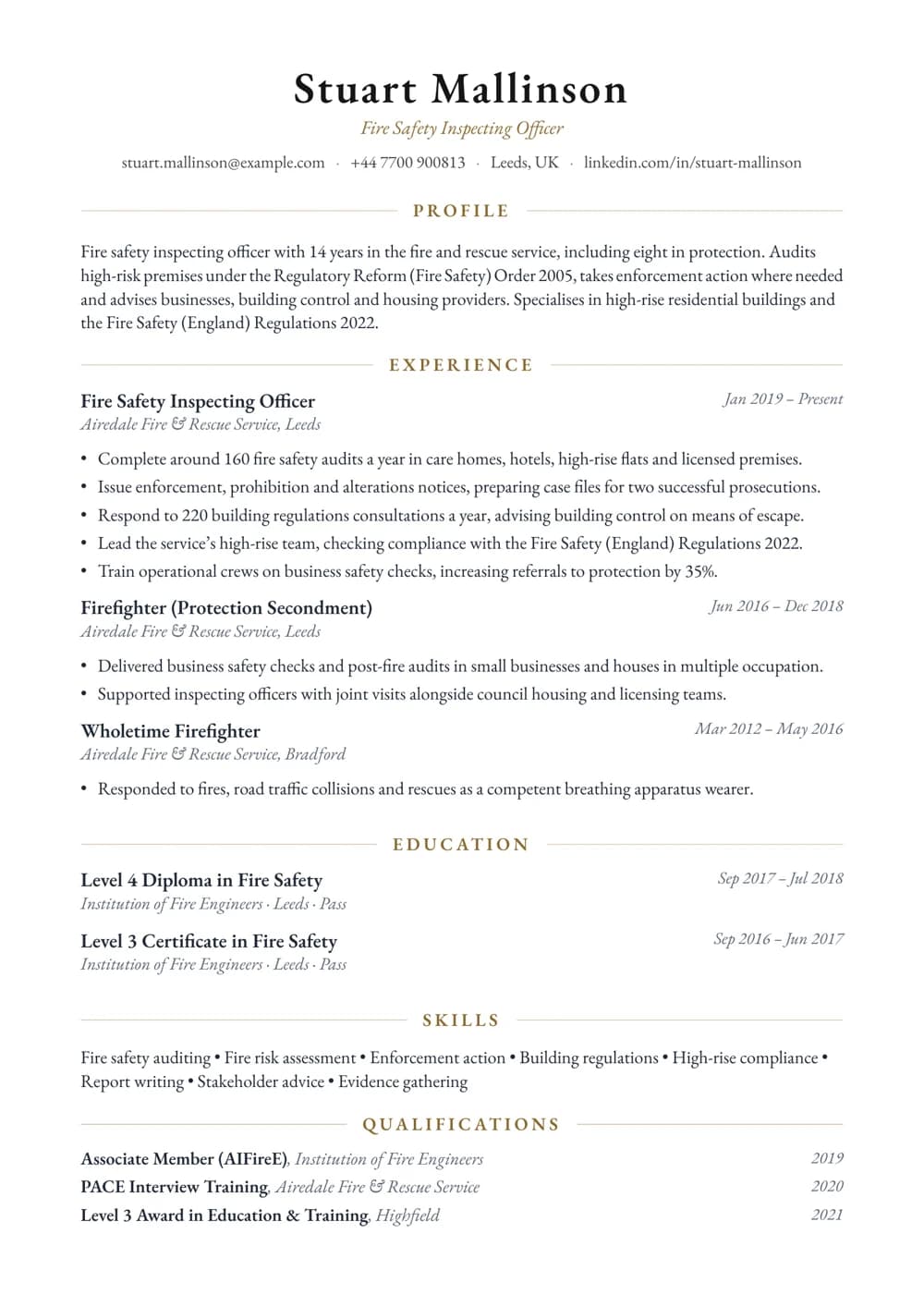 Fire Safety Inspecting Officer CV template