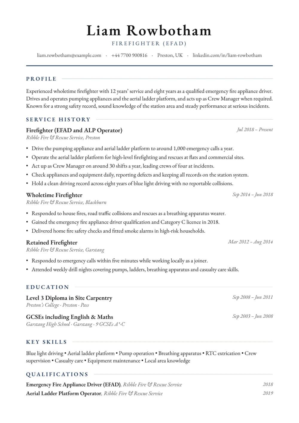 Fire Appliance Driver CV template