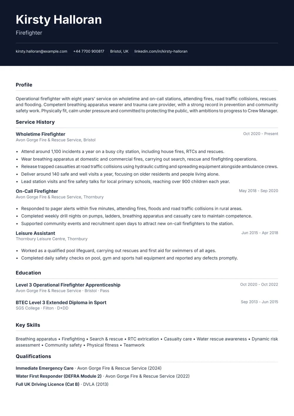 Operational Firefighter CV template