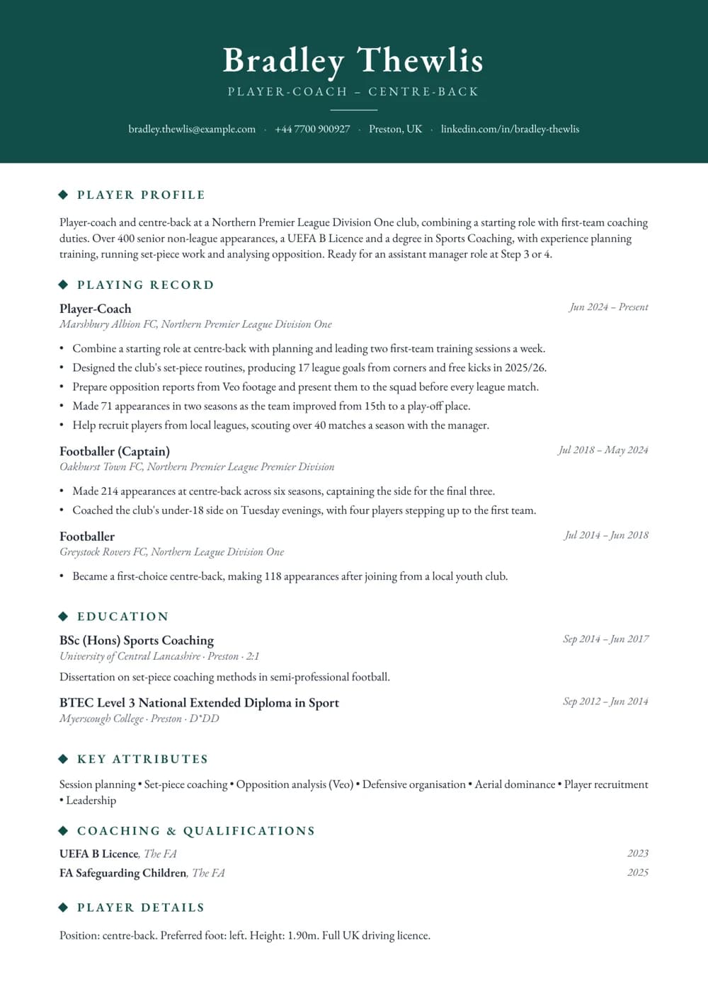 player-coach cv template