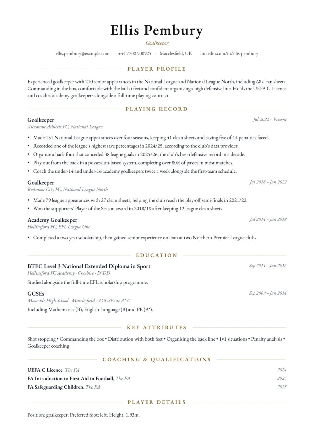 goalkeeper cv template