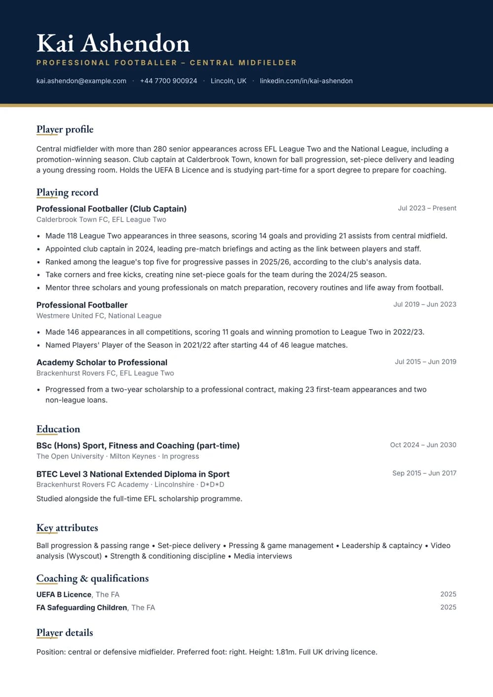 professional footballer cv template