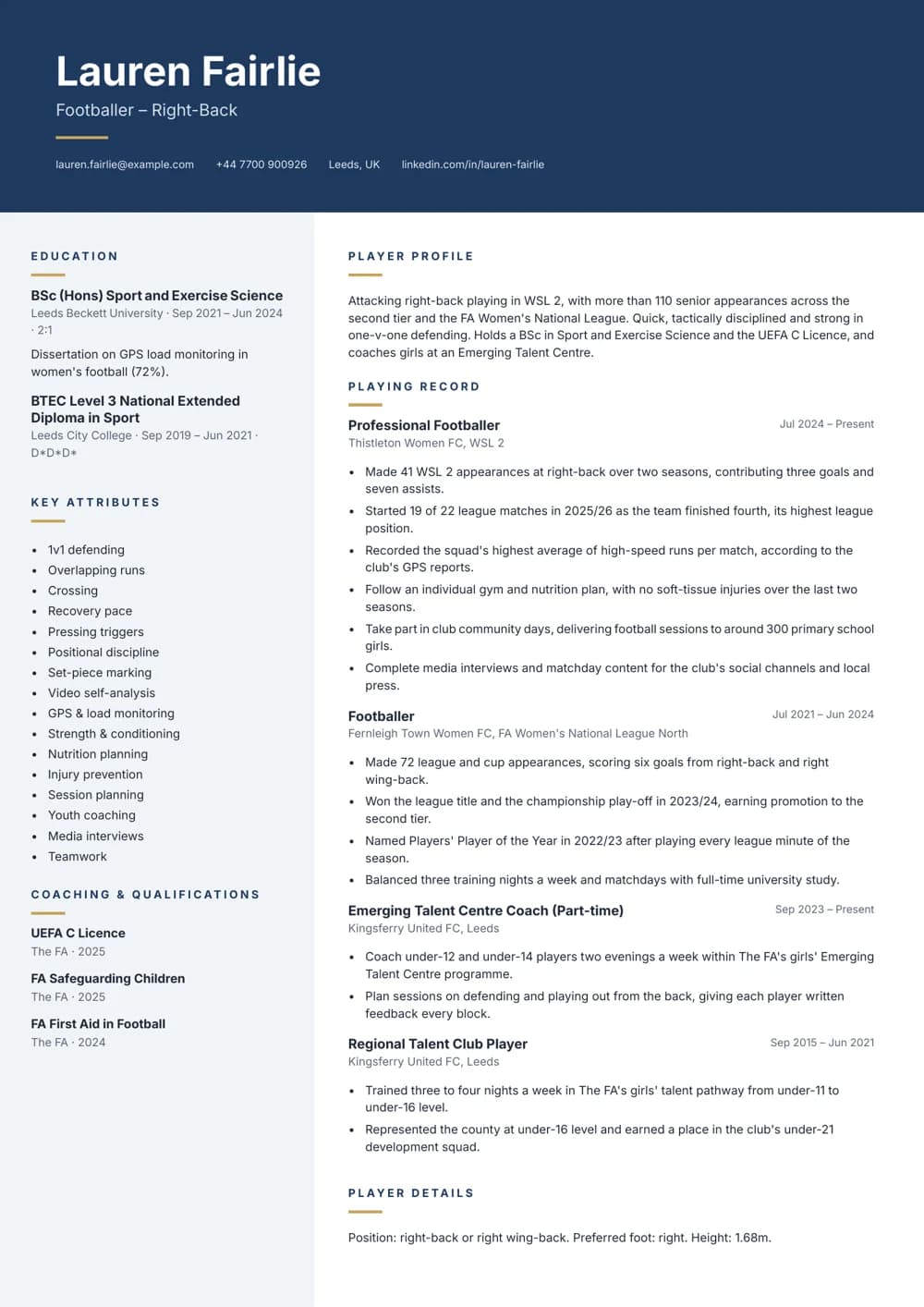 women's footballer cv template