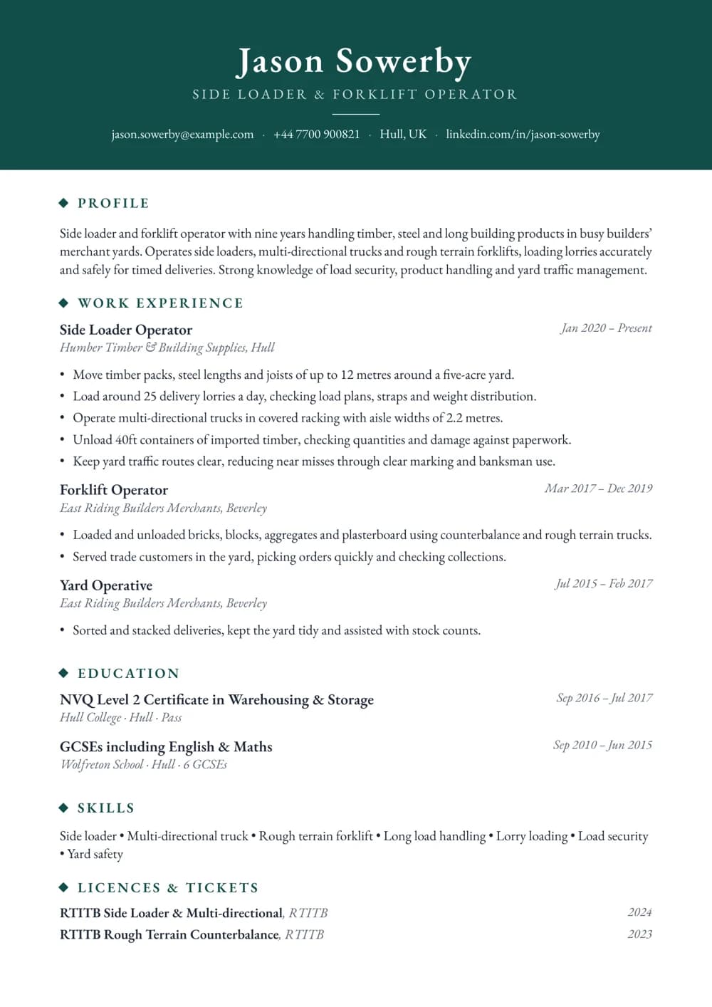 side loader operator cv template