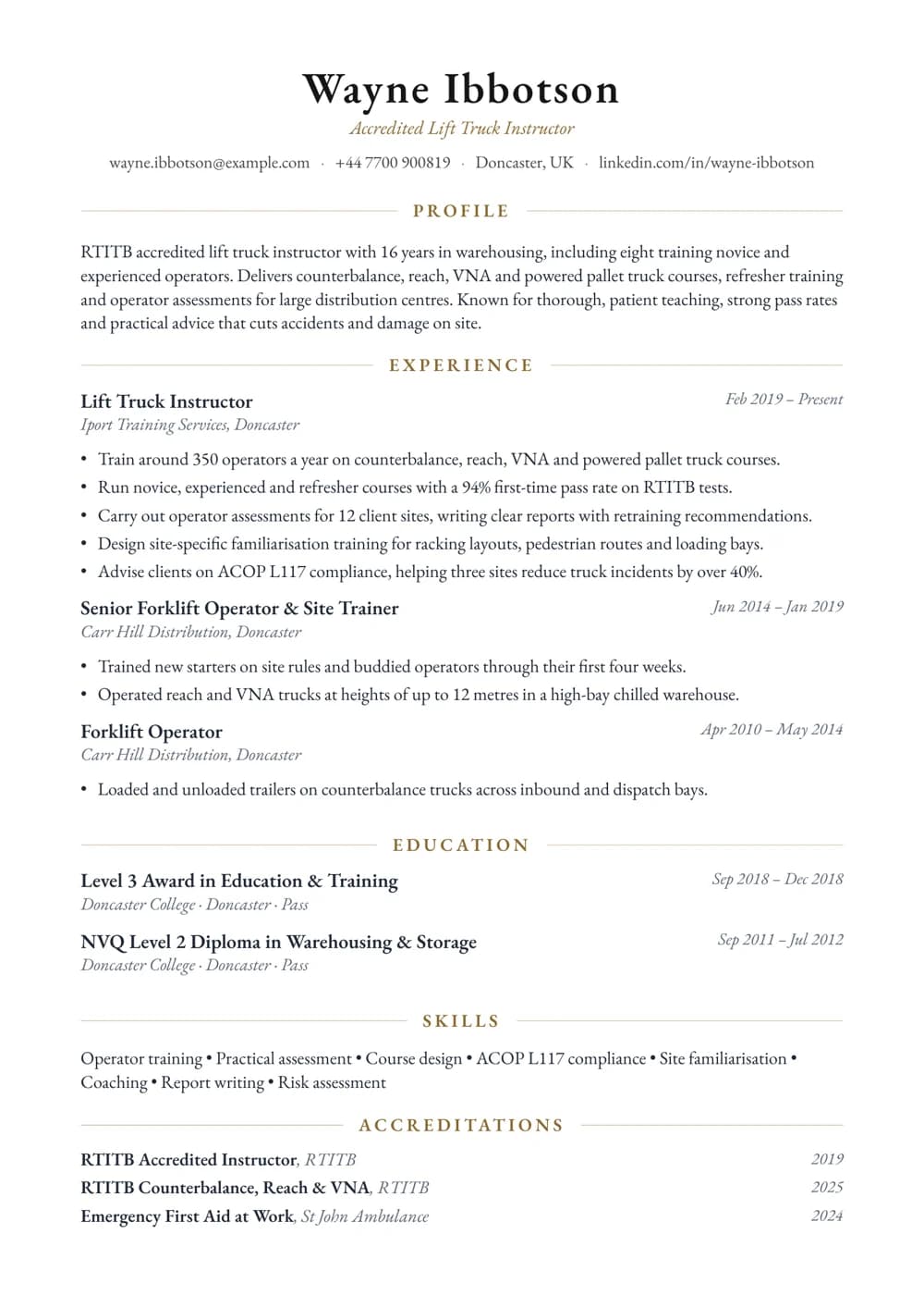 Forklift Instructor CV template