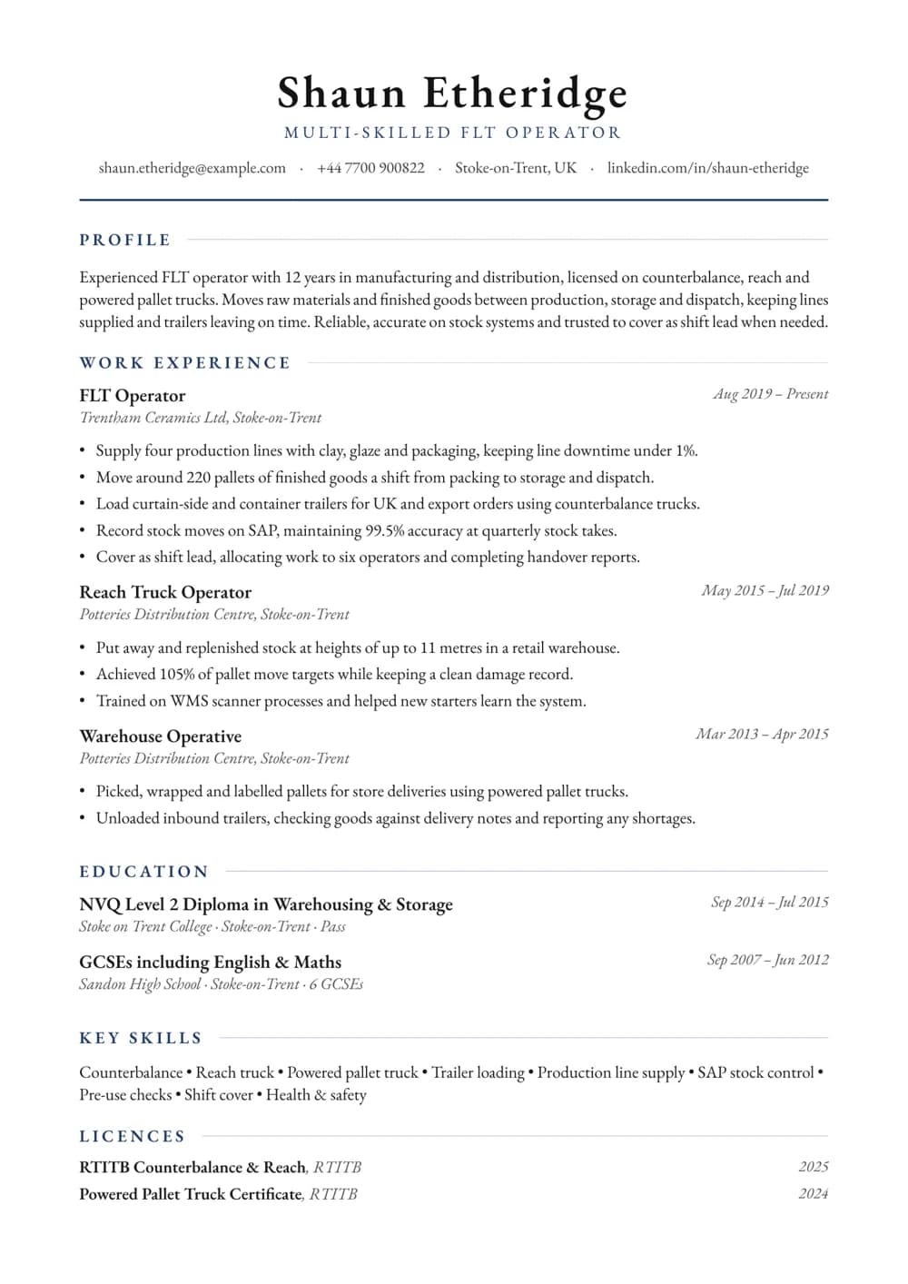 Multi-Truck FLT Operator CV template
