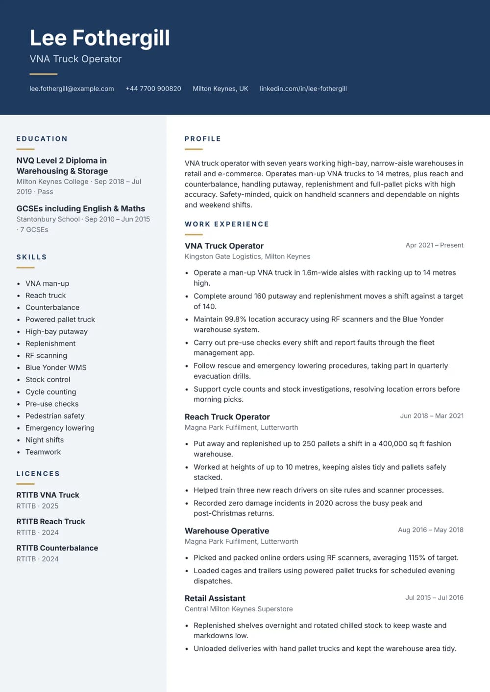 VNA Truck Operator CV template