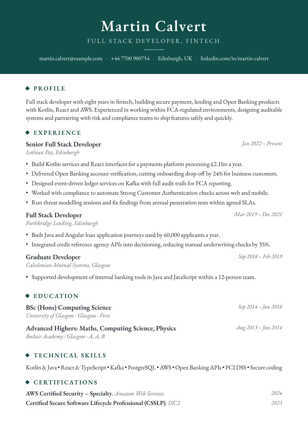 Fintech Full Stack Developer CV template