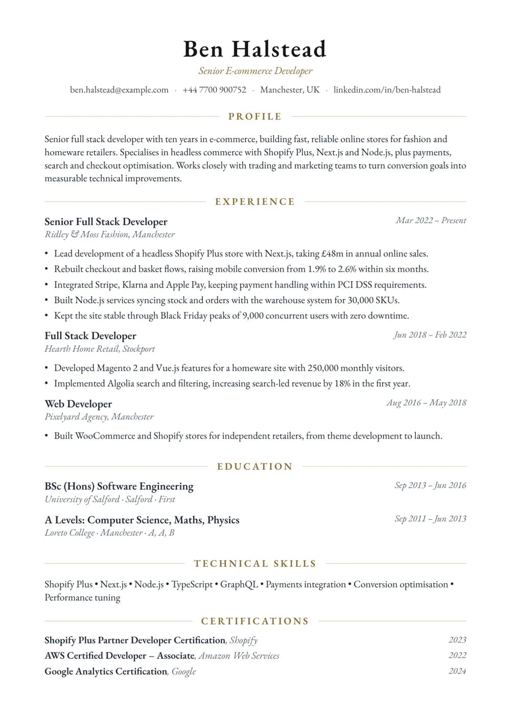 E-commerce Full Stack Developer CV template