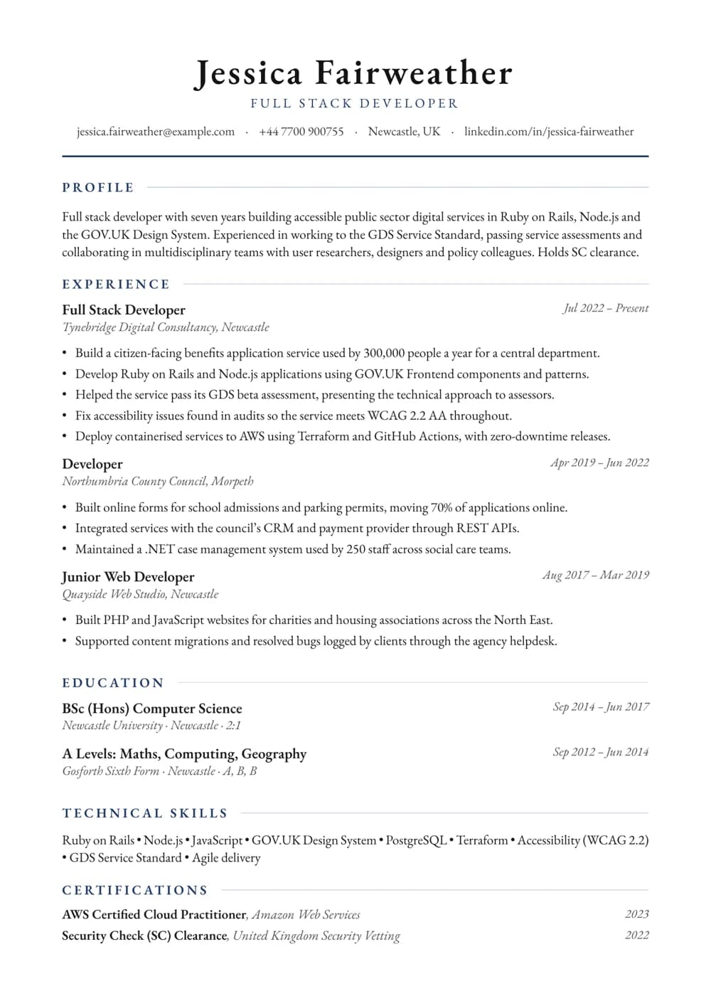 Public Sector Full Stack Developer CV template