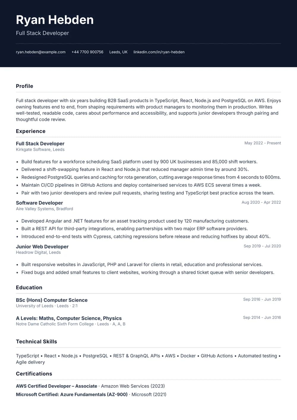 SaaS Full Stack Developer CV template