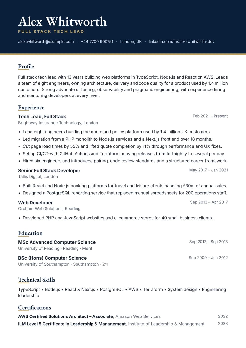 Full Stack Tech Lead CV template