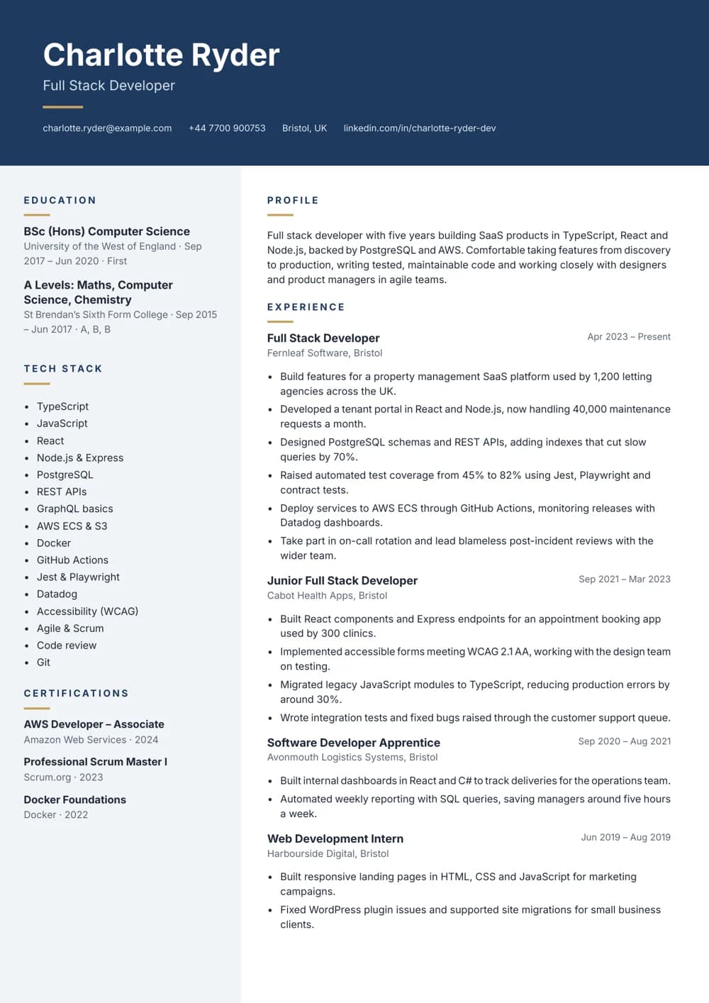 Mid-Level Full Stack Developer CV template