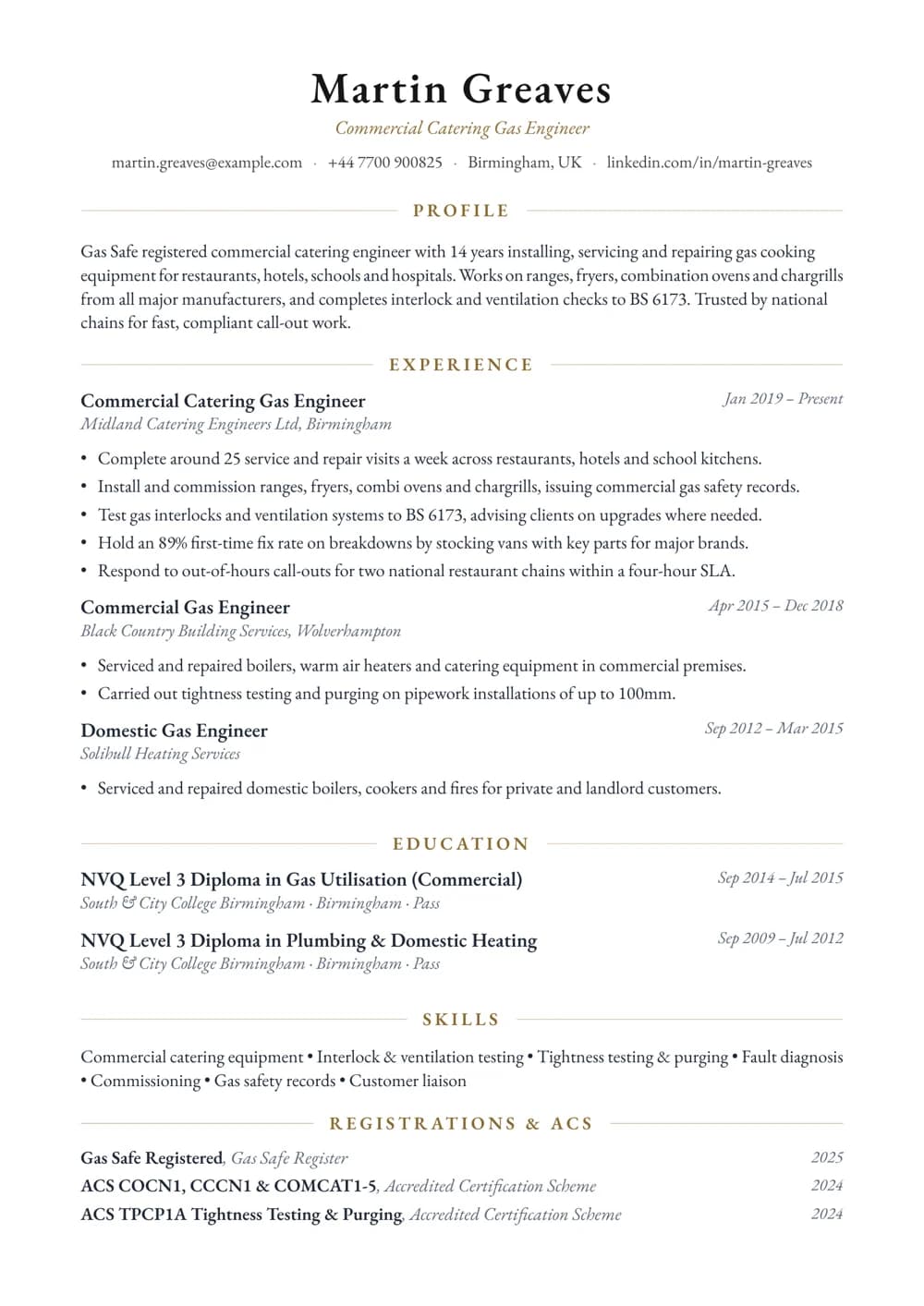 Commercial Catering Gas Engineer CV template