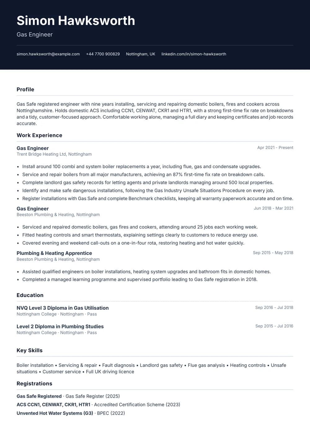 Qualified Gas Engineer CV template
