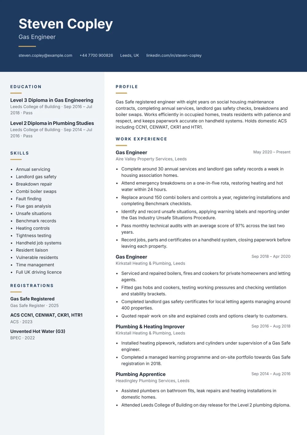 Social Housing Gas Engineer CV template