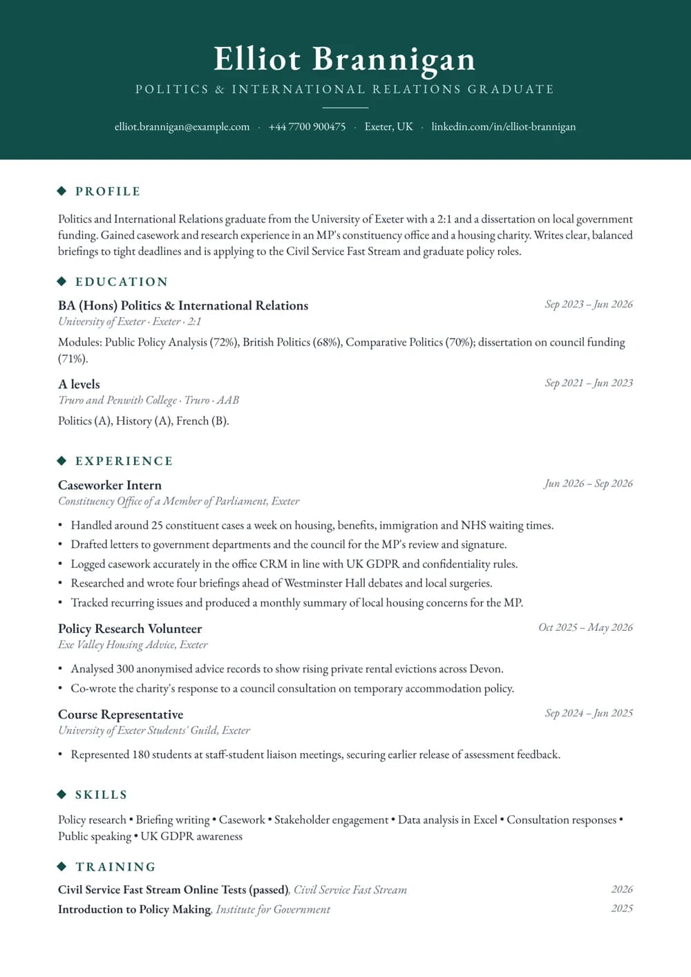 public policy graduate cv template