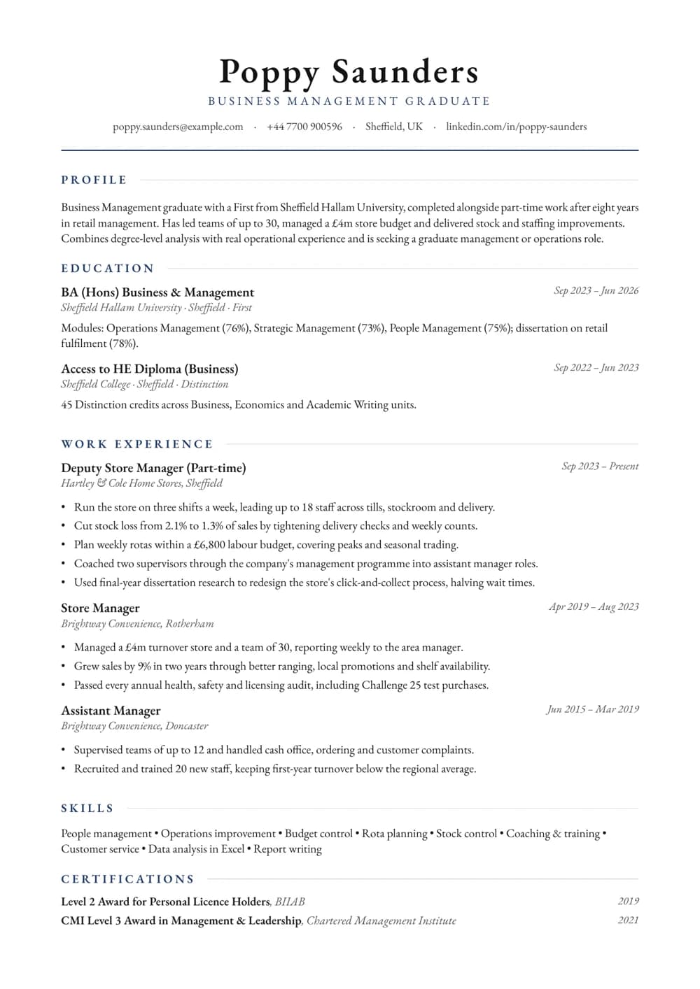 Mature Graduate CV template