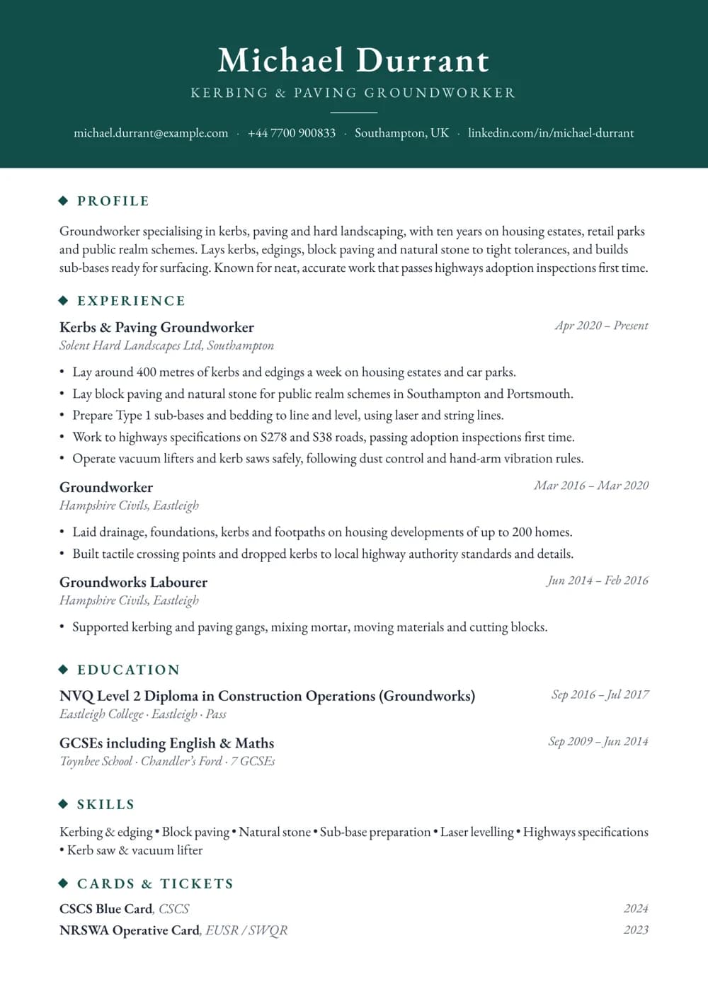 Kerbs and Paving Specialist CV template