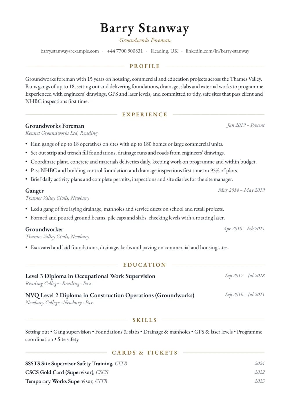 Groundworks Foreman CV template
