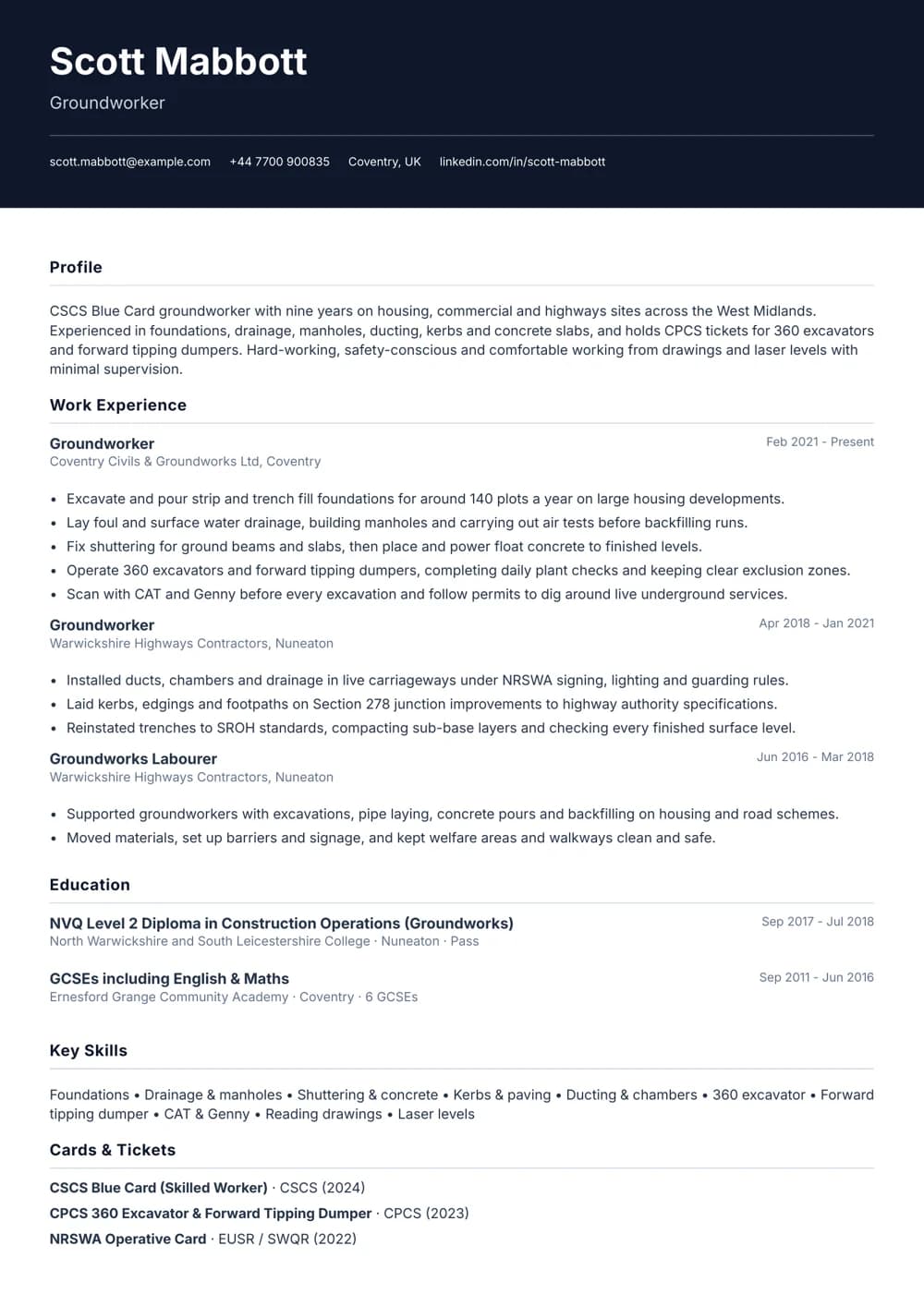 Civils Groundworker CV template