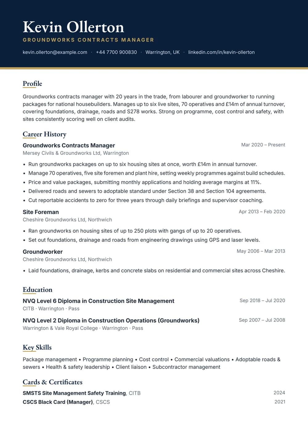 Groundworks Contracts Manager CV template