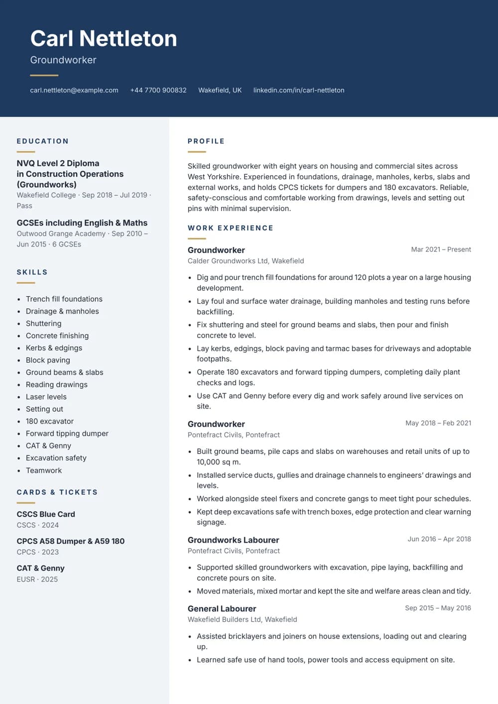 Skilled Groundworker CV template