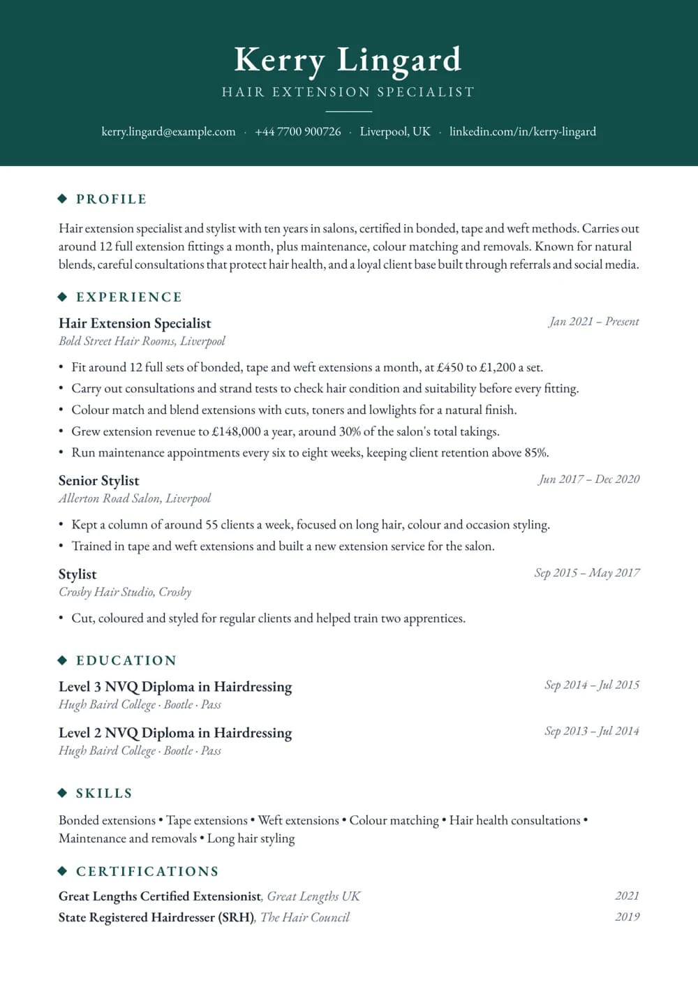 hair extension specialist cv template