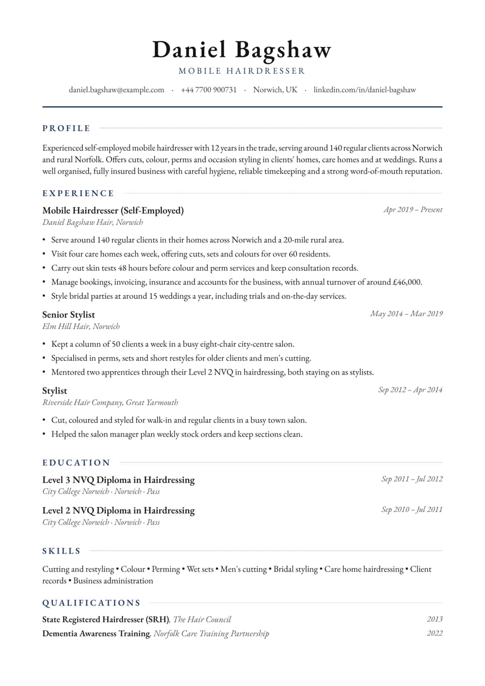 Mobile Hairdresser CV template