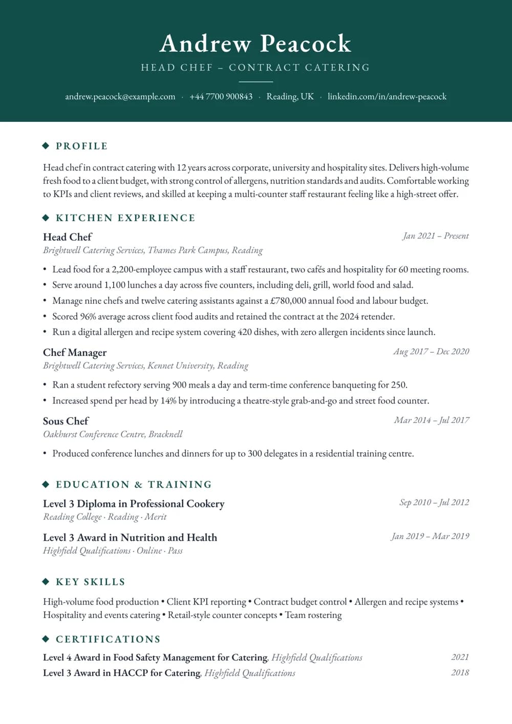 Contract Catering Head Chef CV template