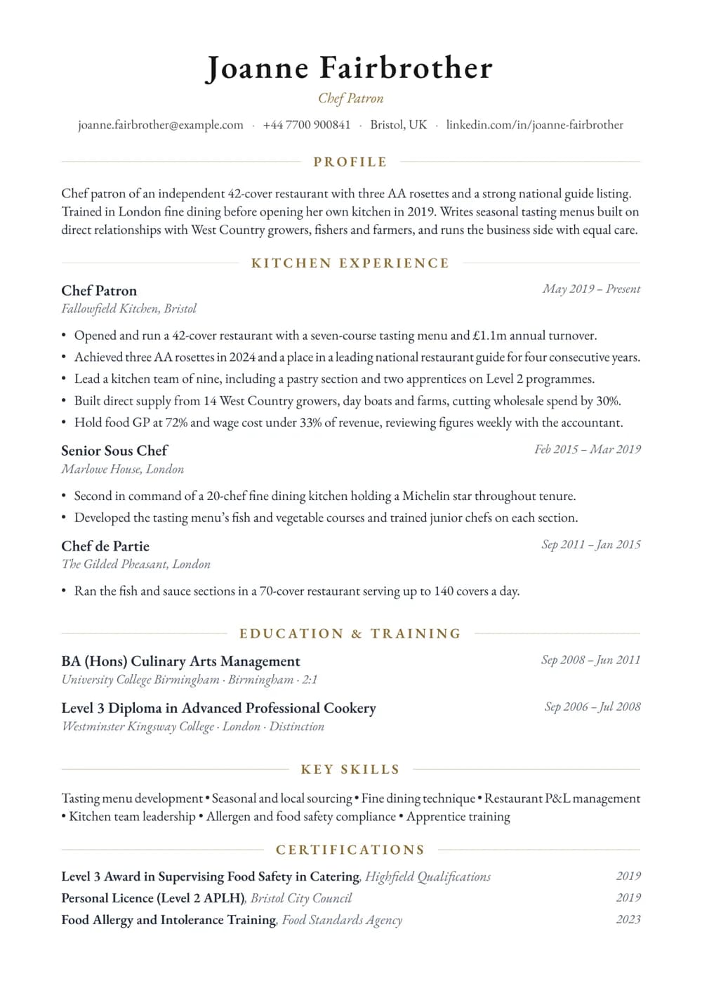 Chef Patron CV template