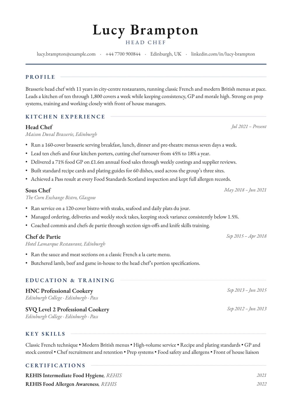 Brasserie Head Chef CV template