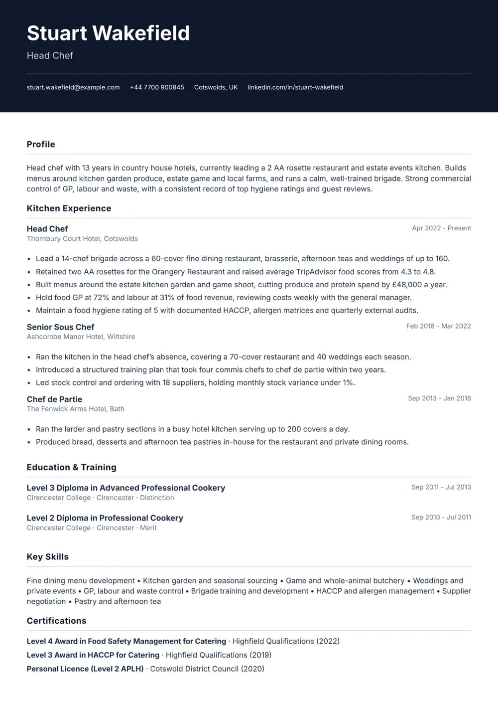 Country House Head Chef CV template