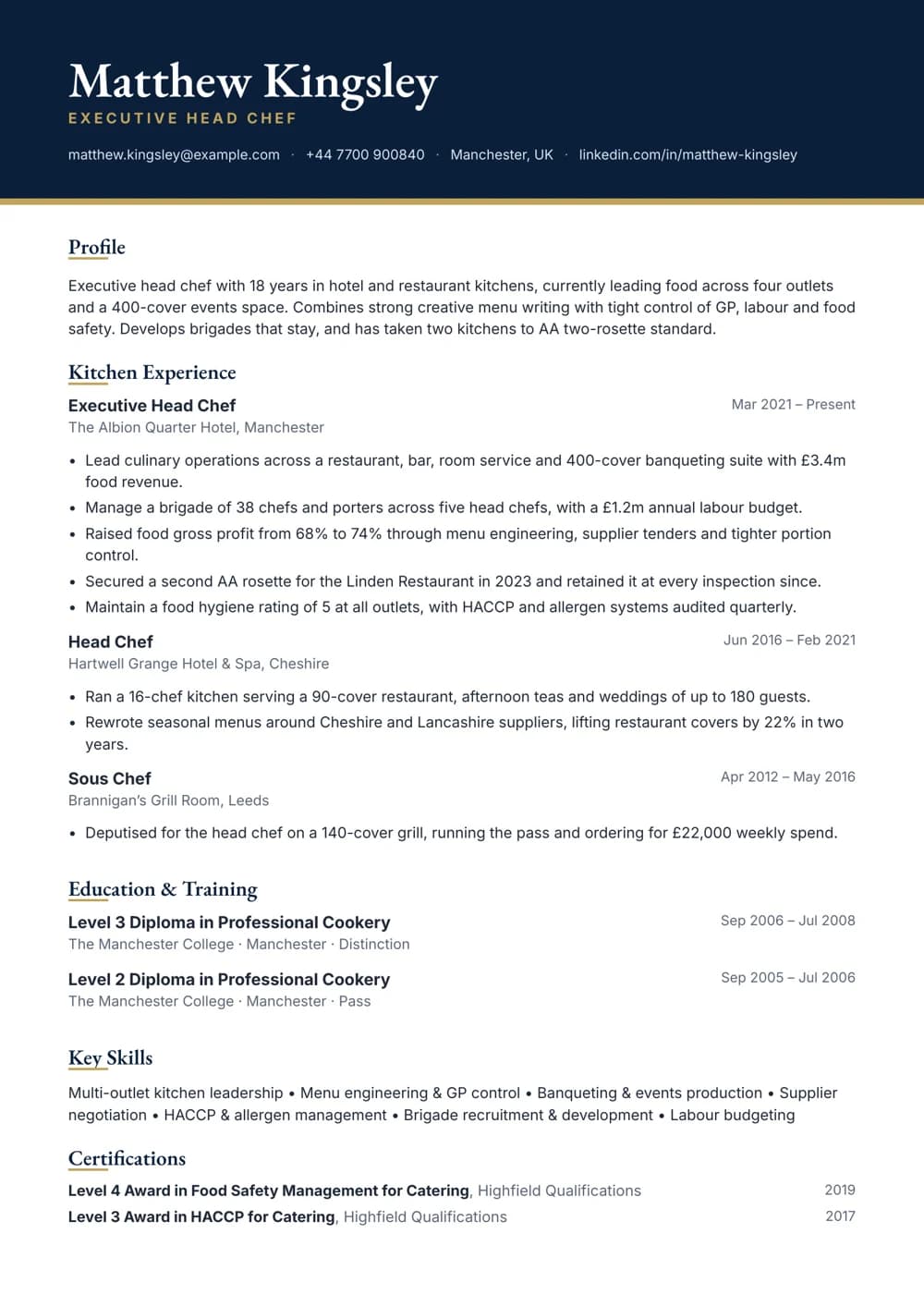 Executive Head Chef CV template
