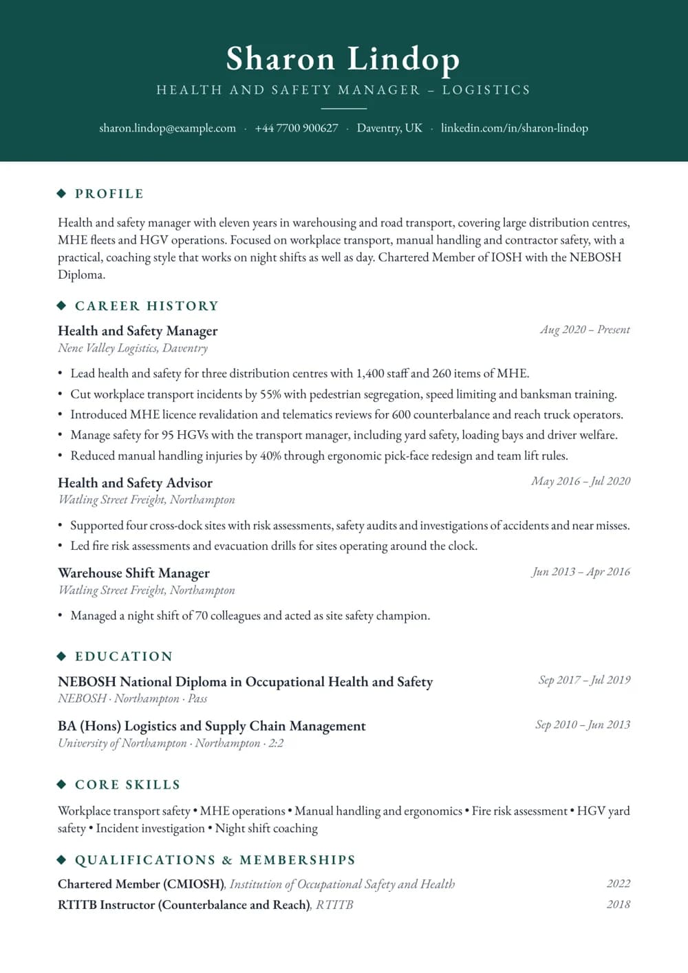 Logistics Health and Safety Manager CV template