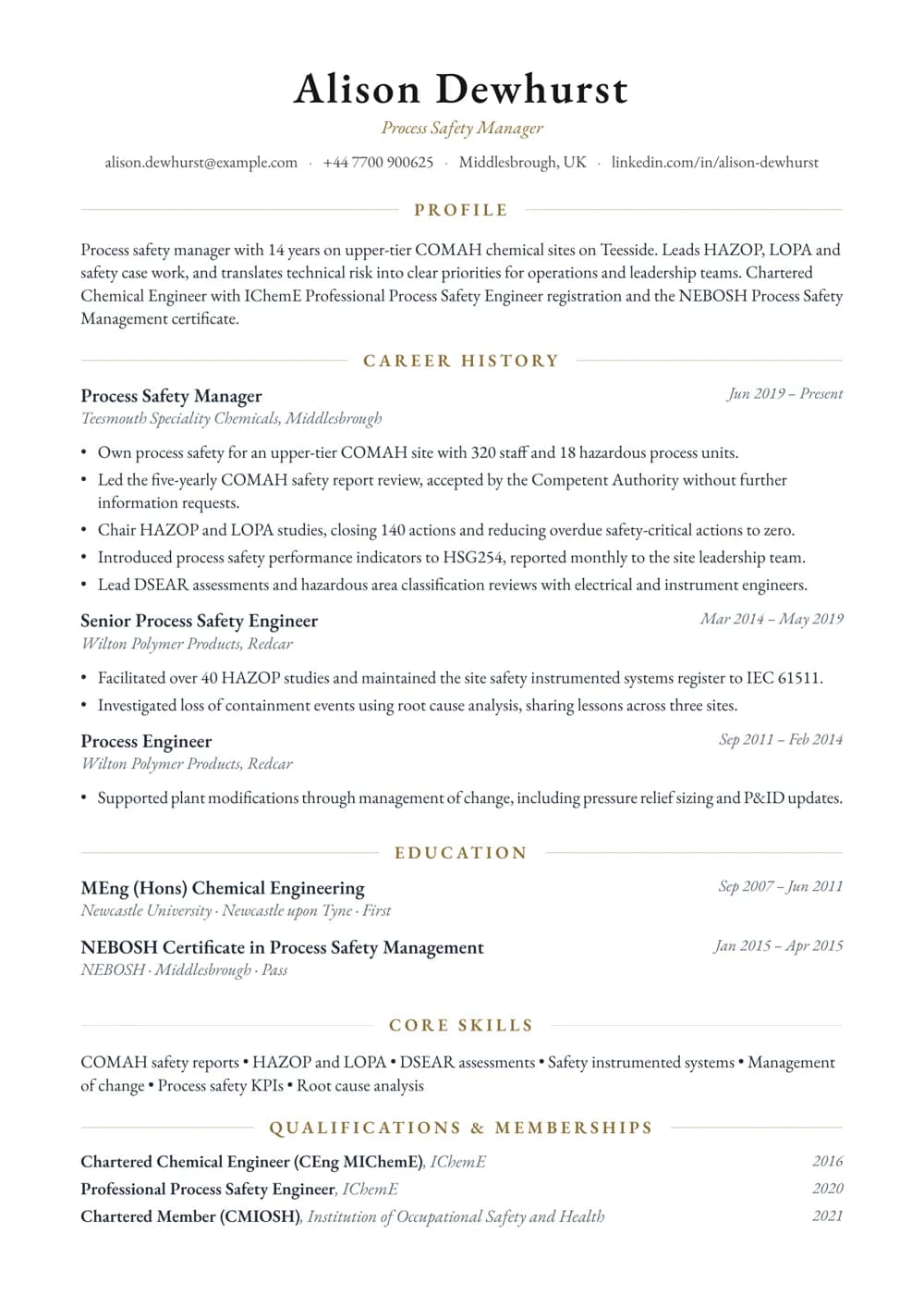 Process Safety Manager CV template