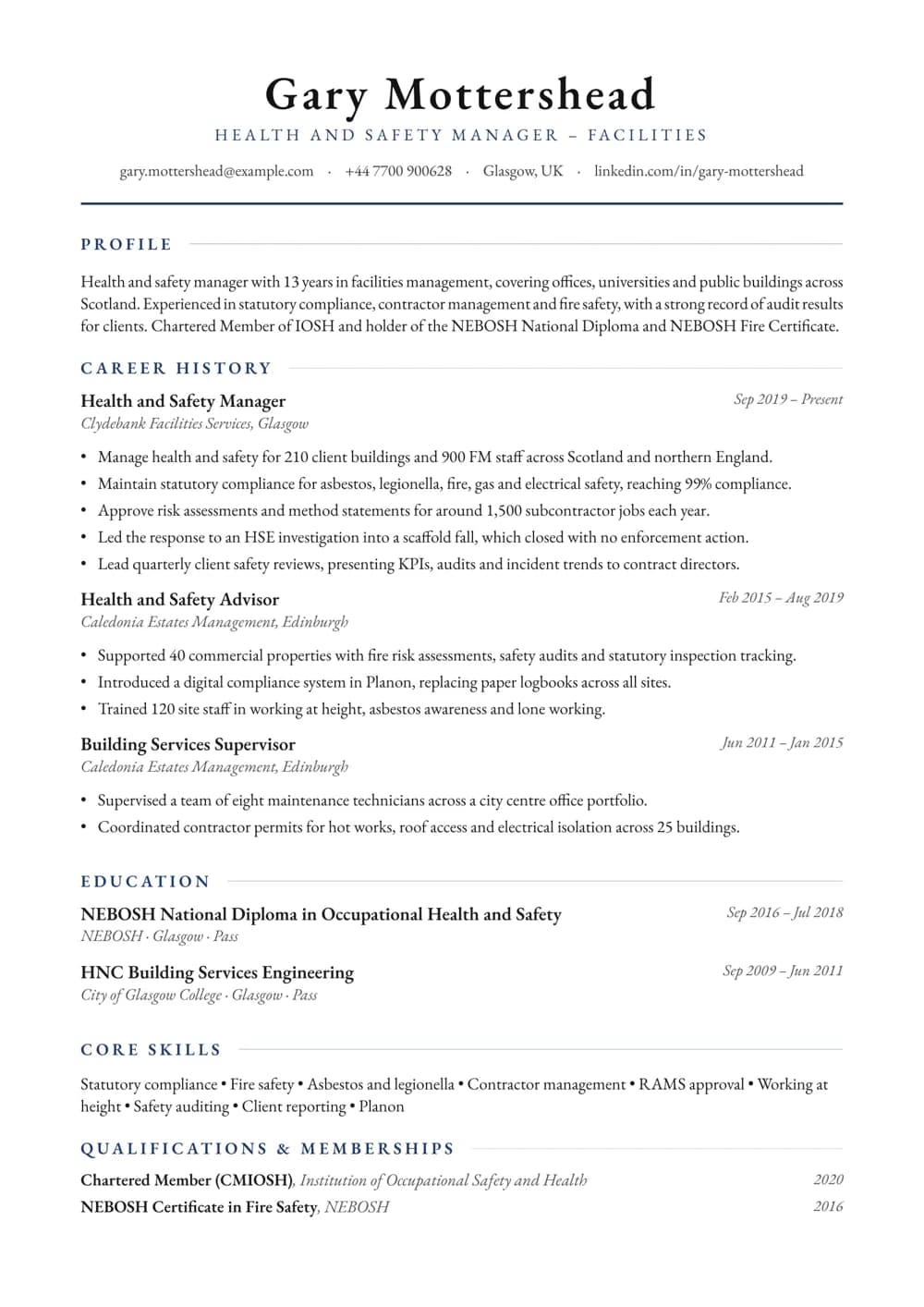Facilities Health and Safety Manager CV template