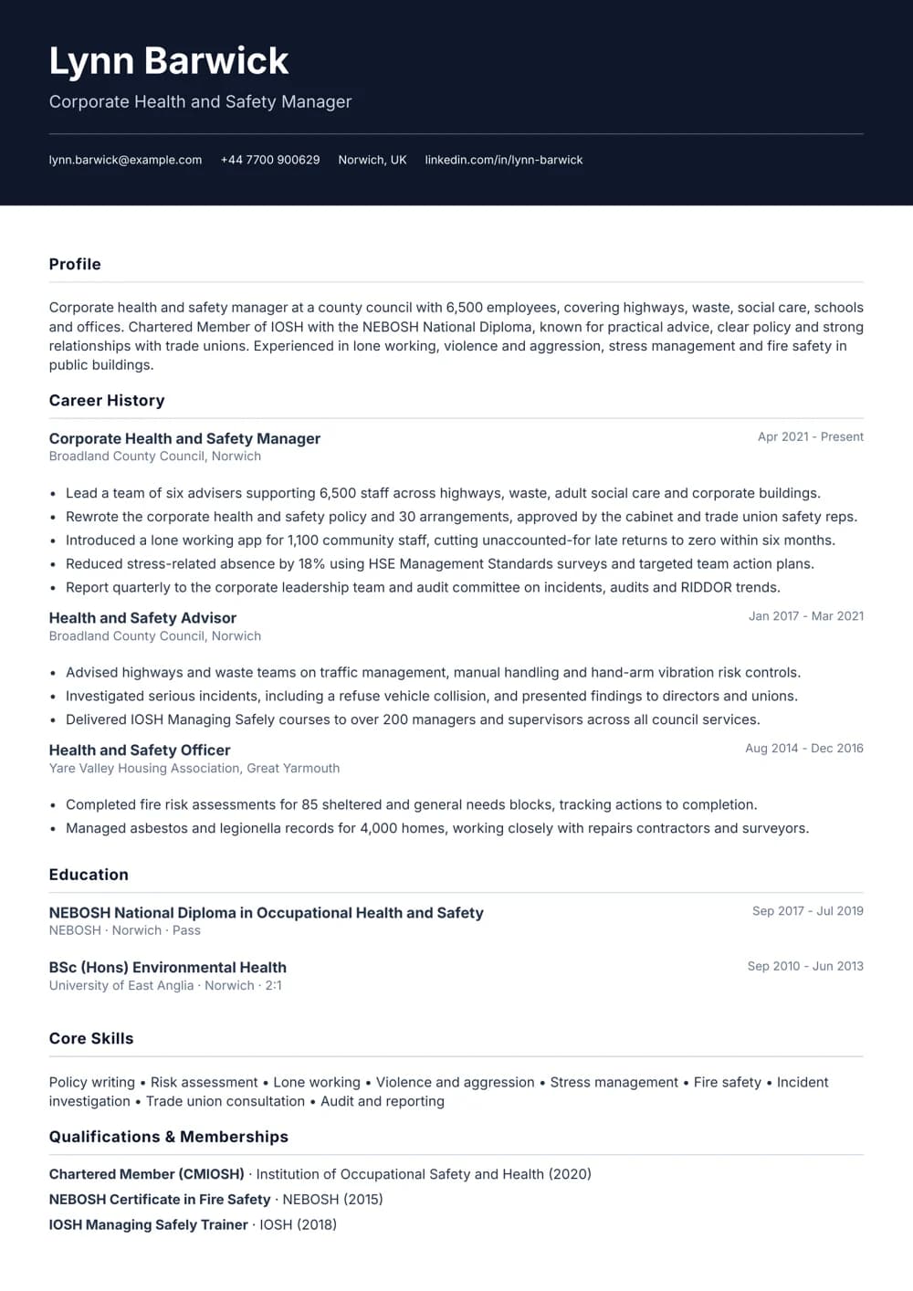Local Authority Health and Safety Manager CV template