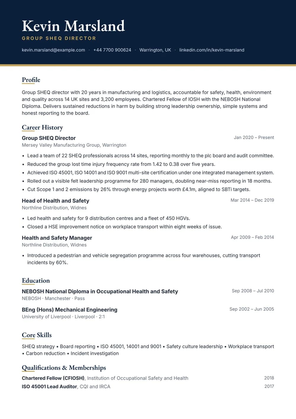 Group SHEQ Director CV template
