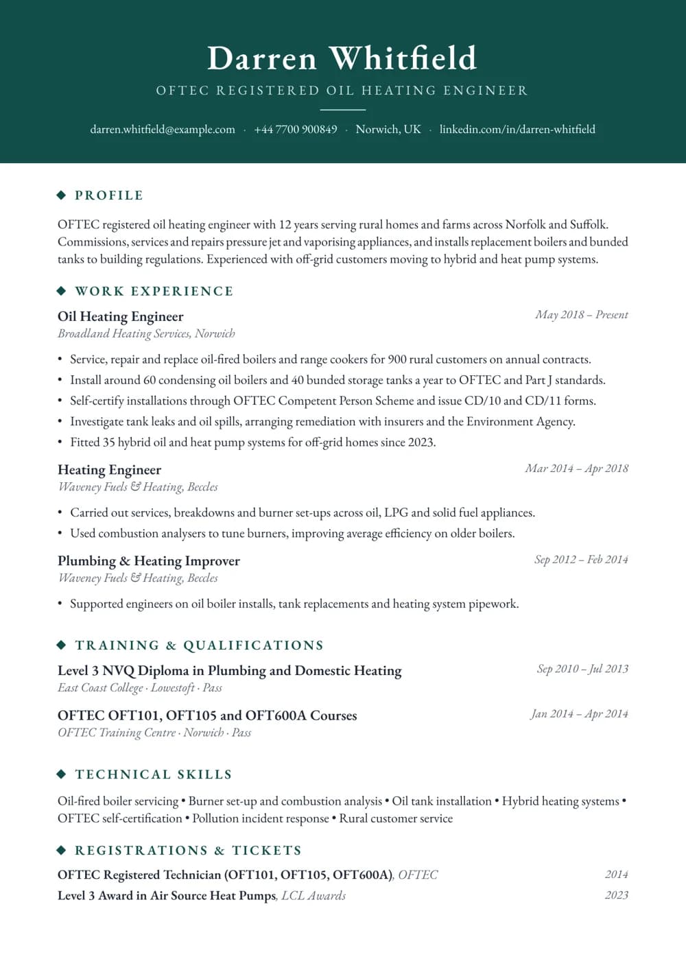 Oil Heating Engineer CV template
