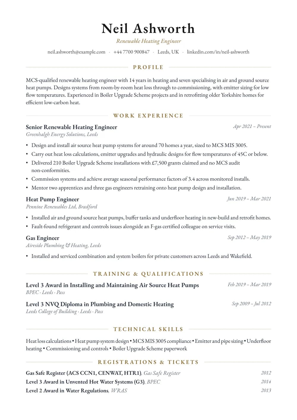 Renewable Heating Engineer CV template